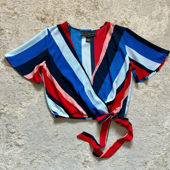 Polly & Esther Striped Short Flutter Sleeve Wrap Style Top With Tie Size Medium - Picture 6 of 11